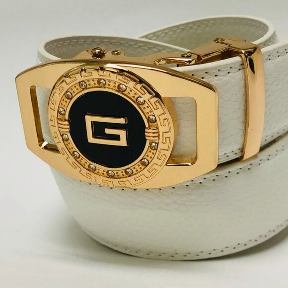 Fashion Leather Gold Slide White Men's Belt‎ Automatic G Buckle Jeans Dresss New - Picture 2 of 3
